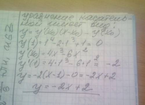 Написать уравнение касательной к графику функции в точке x0 . y=x^4-2x^3+1, x0=1