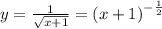 y = \frac{1}{ \sqrt{x + 1} } = {(x + 1)}^{ - \frac{1}{2} } \\