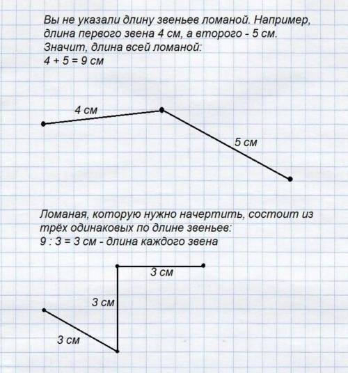 Изобразите ломаную такой же длины, но состоящую из трёх одинаковых звеньев. (Длинна 3см и 4см 5мм Оч