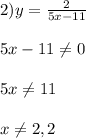 2)y=\frac{2}{5x-11}\\\\5x-11\neq0\\\\5x\neq 11\\\\x\neq 2,2