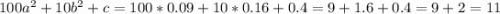 100a^2+10b^2+c=100*0.09+10*0.16+0.4=9+1.6+0.4=9+2=11