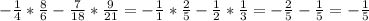 - \frac{1}{4}*\frac{8}{6}-\frac{7}{18}*\frac{9}{21}=- \frac{1}{1}*\frac{2}{5}-\frac{1}{2}*\frac{1}{3}=-\frac{2}{5}-\frac{1}{5}=-\frac{1}{5}