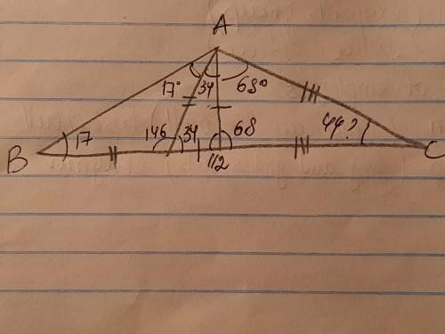 13. Треугольник ABC разбили на три равнобедренных треугольника (см.рисунок). Угол В равен 17°. Найди