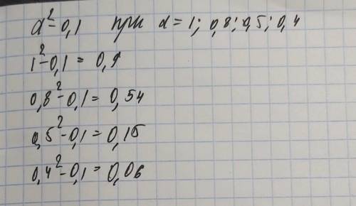 Найдите значение выражения а в квадрате - 0,1при а=1;0,8;0,5;0,4