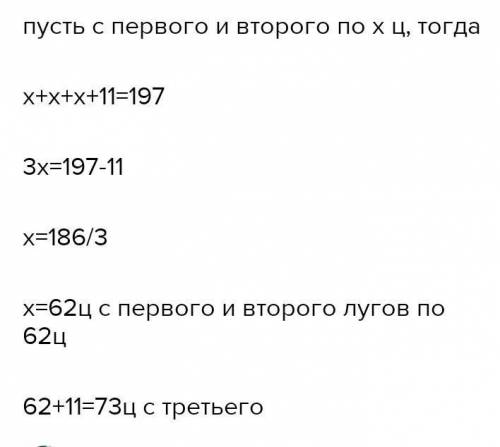 С ТРЁХ ЛУГОВ СОБРАЛИ 197 Ц СЕНА. С ПЕРВОГО И ВТОРОГО ЛУГОВ СОБРАЛИ ПОРОВНУ, А С ТРЕТЬЕГО-НА 11Ц БОЛЬ