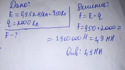 Какая электрическая сила действует на заряд в 2000 Кл при напряжении 0, 95 кН/Кл​