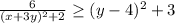 \frac{6}{(x+3y)^2+2}\geq (y-4)^2+3