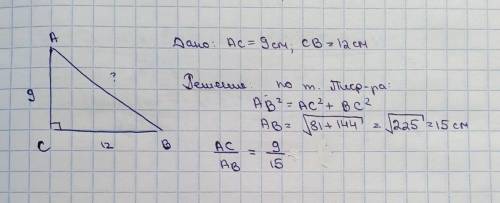 Нарисуй прямоугольный треугольник ABC так, чтобы ∢C =90°, AC= 9 см и BC= 12 см. Вычисли AB= см и н