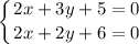 \displaystyle \left \{ {{2x+3y +5=0} \atop {2x+2y+6=0}} \right.