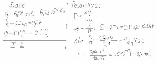 Частица, заряд которой 6.28 мкКл равномерно движется по окружности радиуса 20 см со скоростью 10 см