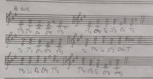 Постройте аккордовые обороты в си бемоль мажоре: Т53, S64, D6, D65 —>T T53, D64, T6, S53, D2 —>