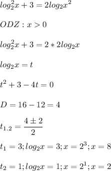 \displaystyle log_2^2x+3=2log_2x^2\\\\ODZ: x0\\\\log_2^2x+3=2*2log_2x\\\\log_2x=t\\\\t^2+3-4t=0\\\\D=16-12=4\\\\t_{1.2}=\frac{4 \pm 2}{2}\\\\t_1=3; log_2x=3; x=2^3; x=8\\\\t_2=1; log_2x=1;x=2^1; x=2