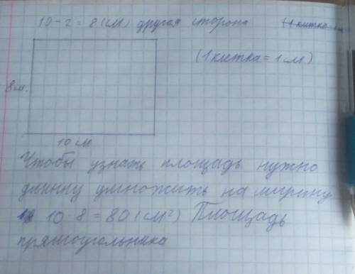 Начерти прямоугольник,если одна его сторона равна 10 см,а другая на 2 см меньше. Найди периметр этог