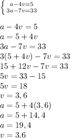 \left \{ {{a-4v=5} \atop {3a-7v=33}} \right. \\\\a-4v=5\\a=5+4v\\3a-7v=33\\3(5+4v)-7v=33\\15+12v-7v=33\\5v=33-15\\5v=18\\v=3,6\\a=5+4(3,6)\\a=5+14,4\\a=19,4 \\v=3.6