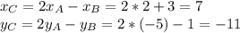 \displaystyle x_C=2x_A-x_B = 2*2+3=7\\y_C=2y_A-y_B = 2*(-5)-1=-11\\