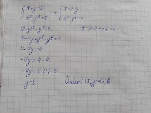 Розв'яжіть систему рівнянь х+у=2 х^2-у^2=4