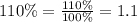 110 \%=\frac{110\%}{100\%}=1.1