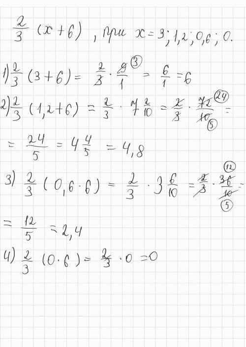 Найдите значение выражения: б) 2\3 (x+6) при x=3;1,2;0,6;0;​