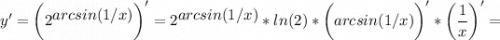 \displaystyle y' = \bigg ( 2 ^{ \displaystyle arcsin(1/x)} \bigg )'= 2 ^{ \displaystyle arcsin(1/x)}*ln(2)*\bigg (arcsin(1/x)\bigg )'*\bigg (\frac{1}{x} \bigg )'=