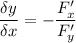 \displaystyle \frac{\delta y}{\delta x} = - \frac{F'_x}{F'_y}