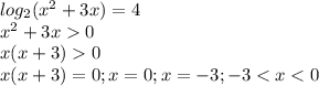 log_2(x^2+3x) = 4\\x^2 +3x 0\\x(x+3) 0\\x(x+3) = 0; x = 0; x = -3; -3