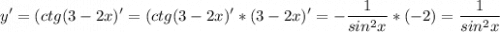 \displaystyle y' =(ctg(3-2x)' = (ctg(3-2x)'*(3-2x)'= -\frac{1}{sin^2x} *(-2)=\frac{1}{sin^2x}