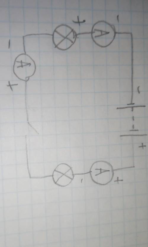 Покажіть на схемі де можна приєднати амперметр щоб виміряти силу струму в лампах​