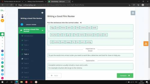 Writing a Good Film Review Put the sentences into the correct order.andweek.wentlasttocinemaOlgaYerl