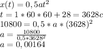 x(t)=0,5at^2\\t=1*60*60+28=3628 c\\10800=0,5*a*(3628)^2\\a=\frac{10800}{0,5*3628^2}\\a=0,00164