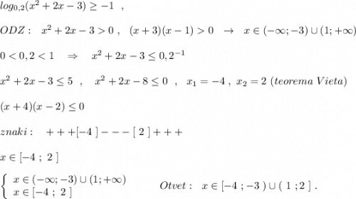 log_{0,2}(x^2+2x-3)\geq -1\ \ ,\\\\ODZ:\ \ x^2+2x-30\ ,\ \ (x+3)(x-1)0\ \ \to \ \ x\in (-\infty ;-3)\cup (1;+\infty )\\\\0