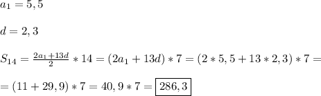 a_{1}=5,5\\\\d=2,3\\\\S_{14}=\frac{2a_{1}+13d }{2}*14=(2a_{1}+13d)*7=(2*5,5+13*2,3)*7=\\\\=(11+29,9)*7=40,9*7=\boxed{286,3}