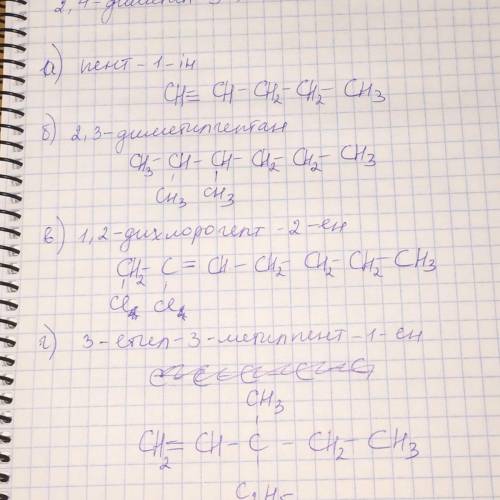 а) пент- 1 -ін б) 2,3 -диметилгептан в) 1,2-дихлорогепт 2 ен г) 3- етил -3 метил пент -1 --ен. Склад