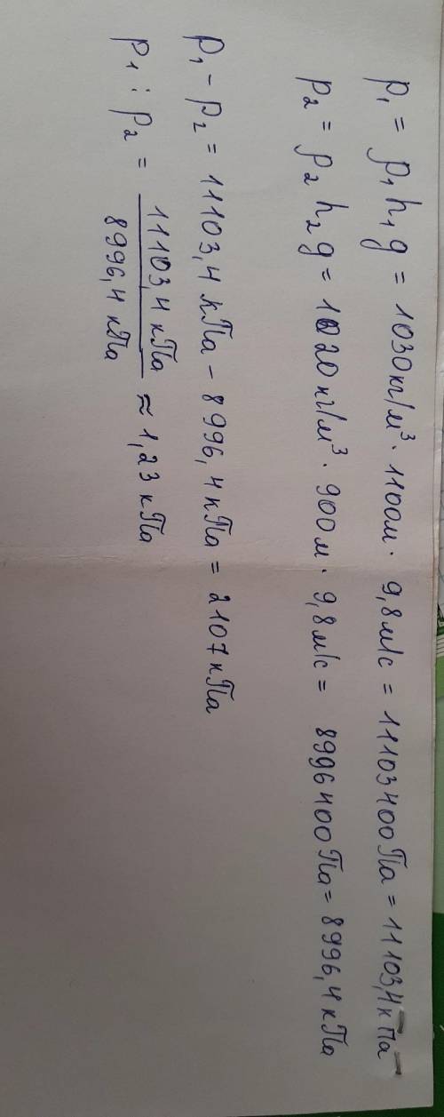 Дано: h1 = 1100мро1 = 1030 кг/м³h2 = 900 мро2 = 1020 кг/м³ g = 9,8 м/с²Найти: p1-? р2-? р1-р2=? р1:р