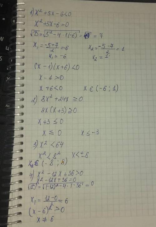 1. Решите неравенство: 1)х²+5x-6<0;2)8х²+24х>0;3)х²<64;4)х²-12х+36>0.​