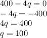 400-4q=0\\-4q=-400\\4q=400\\q=100