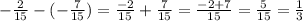 -\frac{2}{15}-(-\frac{7}{15} )= \frac{-2}{15}+\frac{7}{15}=\frac{-2+7}{15}=\frac{5}{15}=\frac{1}{3}