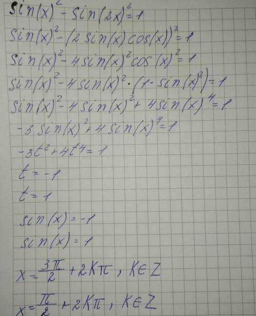 Sin²x-sin²2x=1Решите уравнение