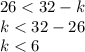 26 < 32 - k \\ k < 32 - 26 \\ k < 6