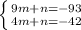 \left \{ {{9m+n=-93} \atop {4m+n=-42}} \right.