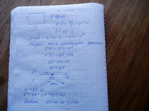 Какиме должны быть стороны прямоугольника, периметр которого 1,2 м, чтобы площадь прямоугольника был