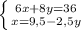 \left \{ {{6x+8y=36} \atop {x=9,5-2,5y}} \right.