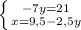 \left \{ {{-7y=21} \atop {x=9,5-2,5y}} \right.