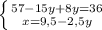 \left \{ {{57-15y+8y=36} \atop {x=9,5-2,5y}} \right.