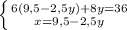 \left \{ {{6(9,5-2,5y)+8y=36} \atop {x=9,5-2,5y}} \right.