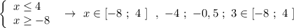 \left\{\begin{array}{l}x\leq 4\\x\geq -8\end{array}\right\ \to \ x\in [-8\ ;\ 4\ ]\ \ ,\ -4\ ;\ -0,5\ ;\ 3\in [-8\ ;\ 4\ ]