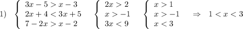 1)\ \ \left\{\begin{array}{l}3x-5x-3\\2x+4x-2\end{array}\right\ \ \left\{\begin{array}{l}2x2\\x-1\\3x1\\x-1\\x