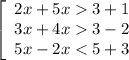 \left[\begin{array}{ccc}2x+5x3+1\\3x+4x3-2\\5x-2x