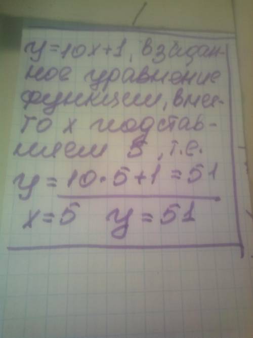 Функцію заданої формолуюю y=10x+1 Знайдіть значення y якщо x=5