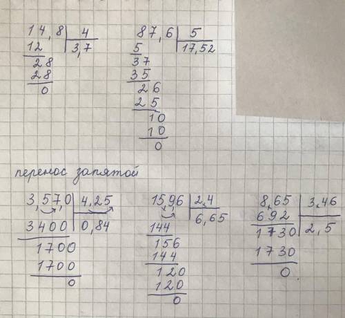 деление столбиком десятичные дроби 1) 14,8 : 42) 87,6 : 53) 3,57 : 4,254) 15,96 : 2,45) 8,65 : 3,46​