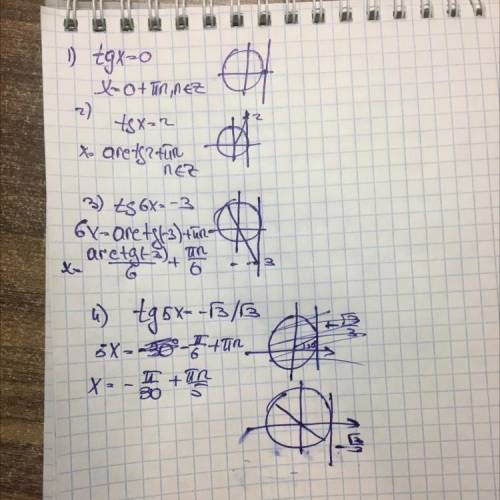 Решите уравнения: 1) tgx=02) tgx=23) tg6x=-34) tg5x=-√3/3 Можно с подробным решением,не могу сделать